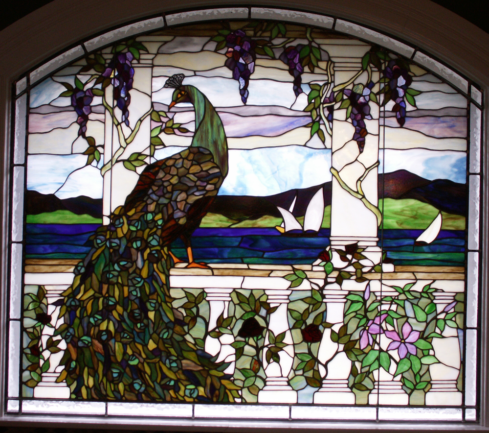peacock stained
                    glass window